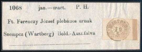 1863 Hírlapbélyeg címszalag darabon nagy ívszéllel, ritka / Newspaper stamp on wrapper piece WARTBERG