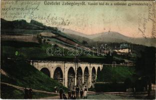 1910 Zebegény, Vasúti híd és a szünidei gyermektelep. Fuchs Sándor kiadása (EK)