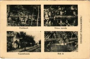 1925 Dunaalmás, fürdőpark, kénes uszoda, vasútállomás érkező vonattal, Kék tó. Szilágyi Arthur műintézetéből + "ALM.FŰZITŐ-ESZTERGOM 178." vasúti mozgóposta (felszíni sérülés / surface damage)