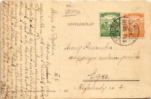 1925 Dunaalmás, fürdőpark, kénes uszoda, vasútállomás érkező vonattal, Kék tó. Szilágyi Arthur műint...