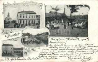 Nagyszentmiklós with the tobacco shop of János Mausz, the boutique of Vilmos Fischof and Hotel Czenzinger garden (fa)