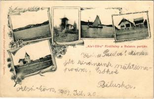 1903 Alsóörs, Alsó-Eörs fürdőtelep a Balaton partján, nyaralók, vitorlás. Divald, Art Nouveau, floral (EK)
