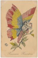 Roumanie / Roumania / Romania. Art Nouveau butterfly lady, colors of the Romanian flag. Edition "Aux Alliés" Paris (fl)