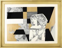 Szász Endre (1926-2003): Hölgy kendővel. Szitanyomat, papír, jelzett. 47x67 cm. Üvegezett, kissé sérült fakeretben.