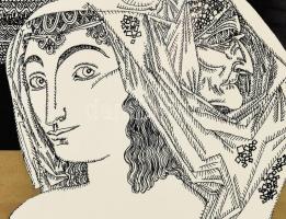 Szász Endre (1926-2003): Hölgy kendővel. Szitanyomat, papír, jelzett. 47x67 cm. Üvegezett, kissé sér...