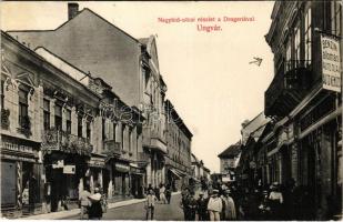 1913 Ungvár, Uzshorod, Uzhhorod, Uzhorod; Nagyhíd utcai részlet a drogériával, Goldstein Miksa üzlete, benzinállomás. Steinfeld Dezső kiadása / street view, drugstore, gas station (EK)