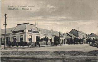 Ipolyság Masaryk square with regional bank and restaurant