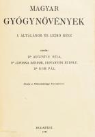 Augustin Béla - Jávorka Sándor - Giovannini Rudolf - Rom Pál: Magyar gyógynövények. I. kötet. (Általános és leíró rész.) Bp., 1948, Földművelésügyi Minisztérium. (Stephaneum ny. - Kiss J. ny.). 494,[2]p., 107t. (fekete-fehér fényképek, 54 levélen). Szövegközti ábrákkal Fontos, alapvető munka. Az ábrákat, Jávorka Sándor irányításával, Csapody Vera festette. Fontos, alapvető munka. A szerzők: Augustin Béla (1877-1954) a magyarországi szervezett gyógynövénykutatás megszervezője és elindítója. Jávorka Sándor (1883-1961) a magyar flórakutatás nemzetközileg elismert tudósa. Giovannini Rudolf (1891-1963) a Gyógynövény Kirendeltség igazgatója. Rom Pál (1902-1962) vegyész, gyógyszerész, valamint Csapody Vera (1894-1985) a növényvilág tudományos ábrázolásának művésze, egyedülálló ,,mestere". A könyv kézirata és a képek, valamint a klisék mintegy fele 1944. év végére elkészült, azonban 1945. jan. 11-én az ostrom alatt megsemmisült. Az akkori körülmények között kiemelkedő teljesítmény volt újbóli elkészítése, megjelenése. korabeli félvászon kötésben. Jó példány!