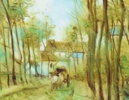 Olvashatatlan jelzéssel (jobbra lent): Sétálók. Olaj, falemez, jelzett. Üvegezett fakeretben, 30×40 ...