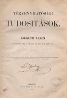 Törvényhatósági tudósítások. Kossuth Lajos levelezése 1836. évi julius 1-től 1837. évi majus 7-ig. Budapest, 1879. Légrády Testvérek [ny.] 323 + [3] p. Első kiadás. Mint az közismert, az 1832-1836. évi országgyűlés egyik nagy eredménye volt Kossuth Lajos Országgyűlési tudósításainak megjelenése. A magyar országgyűlések korábban is nyilvános ülések voltak, jegyetek is készültek egyes határozatokról, melyek nyomtatott formában is megjelentek, ám az ülések érdemi részének, a részletes vitáknak nem maradt nyoma. A nemesi ellenzék vezetői Wesselényi Miklós vezérletével a korábbi országgyűlés jurátusi megfigyelőjeként saját részre korábban is feljegyzéseket készítő Kossuth Lajost kérték fel arra a feladatra, hogy a formálódó közvéleményt részletesen tájékoztassa az országgyűlés vitáiról. A tudósítások kéziratos formában készültek, és kéziratos formában sokszorosított magánlevélként jutottak el a folyamatosan bővülő előfizetői körhöz. Az 1832-1836. évi országgyűlés berekesztése után Kossuth ellenzéki szellemben szerkesztett politikai folyóirata más néven, Törvényhatósági tudósítások néven folytatódott, a politikai munka áthelyeződésével pedig immár a megyegyűlések politikai vitáiról tudósított, az ország számos megyéjében párhuzamosan folyó gyűlések vitáiról, számos munkatárs bevonásával, de Kossuth Lajos végső szerkesztésével. A Törvényhatósági tudósítások lapszámai nyomtatási engedély híján továbbra is kéziratos formában terjedtek, ám jó fél év eltelte után a cenzúra a magánlevelezésként terjedő sajtóintézményt betiltotta. A címoldalon a kötet szerkesztőjének, Földváry Mihálynak tulajdonosi bélyegzése egy további tulajdonosi bélyegzés és egy tulajdonosi bejegyzés társaságában. Példányunk levelein enyge hullámosság. Poss.: Földváry Mihály Pest megyei alispán, országgyűlési képviselő; Lükő Géza; Lükő Gyula. Aranyozott gerincű korabeli félvászon kötésben, márványmintás festésű lapszélekkel. Jó példány.