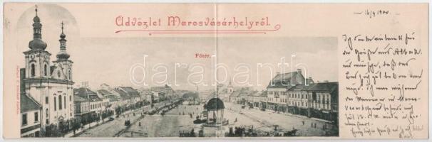 1900 Marosvásárhely, Targu Mures; Fő tér, Dudutz, Fey József, Widder Antal, Bogdánffy István üzlete. 2-részes kinyitható panorámalap, Holbach Ede kiadása / main square, shops. 2-tiled folding panoramacard