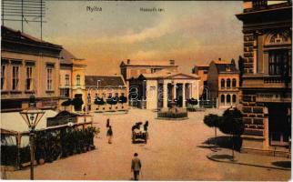 1908 Nyitra, Nitra; Kossuth tér, színház, Első pilseni sörcsarnok, Einzinger József üzlete. Huszár István kiadása / square, theatre, beer hall, shops (felületi sérülés / surface damage)