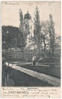 1910 Szántó, Santovka; Szántói savanyúvíz forrás, templom a parkban. Erdélyi cs. és kir. udvari fényképész műterméből / mineral water spring, park, church (fa)