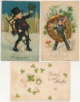 3 db RÉGI újévi litho üdvözlő motívum képeslap vegyes minőségben, kéményseprő, malac, patkó / 3 pre-1948 New Year litho greeting motive postcards in mixed quality, chimney sweeper, pig, golden horseshoe