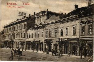 1912 Eperjes, Presov; Fő utca, Fekete Sas nagyszálló, üzletek. Divald Károly Fia kiadása / main street, hotel, shops (EK)