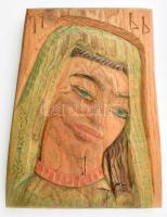 Szervátiusz Jenő (1903-1984): Női arc. Faragott fa, kézzel festett, jelzett, Szervátiusz 1966 36x28 cm / Carved wood, signed
