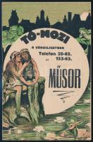 cca 1922 Tó-Mozi a Városligetben. Műsor. Szecessziós címlappal illusztrált prospektus. Bp., Thália-ny., litografált címlappal, jelzett a nyomaton (Nemes), a hátoldalon ceruzás bejegyzésekkel és dátumozással, 2 sztl. lev.