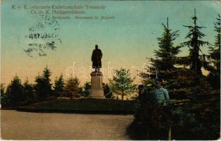 1915 Temesvár, Timisoara; K.u.K. Infanterie-Kadettenschule, Parkpartie, Monument Sr. Majestät / Cs. és kir. hadapródiskola, Ferenc József szobor. Kugel K. fényképész / K.u.K. military cadet school, Franz Joseph I of Austria statue (EK)