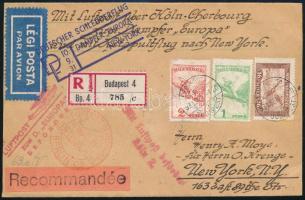 1932 Ajánlott katapult légi levél 3,16P bérmentesítéssel az Europa hajóval New Yorkba, két klf fedélzeti bélyegzővel! Nagyon korai, igazi ritkaság! / Catapult registered cover on the Europa ship to New York