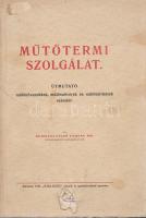 Remetei Filep Ferenc: Műtőtermi szolgálat. Útmutató műtőnövendékek, műtősnővérek és műtősaltisztek számára. Körmend, 1943. ,,Rábavidék" nyomda és lapkiadó vállalat. 170 + [6] p. + 20 t. A Remetei Filep Ferenc (1898-1977) körmendi sebész főorvos és kórházigazgató által írt szakmunka a sterilizáció, a műtéteknél való segédkezés, az érzéstelenítés eljárásait ismerteti, a mű végén vénygyűjteménnyel. A római számozás szerinti táblákon a korszakban használatos orvosi műszerek képanyaga. A címoldalon, az utolsó nyomtatott oldalon a fedőborítók verzóin régi tulajdonosi bélyegzések. Néhány oldalon felülfestések. Az első borító alján sérülés, az első hat ív levelein a szövegtükör alatt kisebb sérülés. Poss.: Pestessy József. [Pestessy József orvos, az Országos Traumatológiai Intézet baleseti sebésze és aneszteziológusa, a BKV Előre sportorvosa, orvostörténész, nyelvőr, az Orvosi Hetilap és a Havi Magyar Fórum rendszeres szerzője.] Fűzve, gerincén kézzel feliratozott, enyhén sérült, enyhén foltos kiadói borítóban.