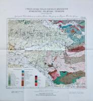 A Pojana-Ruszka nyugati felének és környékének átnézetes földtani térképe. Mértéke 1 : 200,000. Idősebb Lóczy Lajos térképe. (1886) (Budapest), [1886]. Magyar Királyi Földtani Intézet - Grund V. nyomda. Színes kőnyomatú térkép, mérete: 290x337 mm egy 440x 420 mm méretű térképlapon. A Temes, Béga és Maros folyók határolta Déli-Kárpátok hegységrendszerének egy részét, a Ruszka-havasokat először 1881-ben tárta fel az ekkor még pályája elején járó Lóczy Lajos geográfus. A Földtani Közlöny 1882. évi lapszámaiban szakcikket is tett közzé a témában, geológiai metszet kísértetében, ám a hegység teljes földtani térképét csak ismételt kutatások után, 1886-ban tette közzé, a Földtani Intézet VIII. évkönyvében. Színkódolt, színes, német-magyar feliratozású geológiai térképünk a Ruszka-havasok régióját egy nagyjából 48x55 km méretű részletét ábrázolja. A térkép nyugati szélét északról délre a Temeskövesd-Tésfalu-Iktár-Keped-vonal alkotja, északi szélén a Maros középső szakasza kanyarog a Batta-Cella-Marosbirkás (Birkis)- Kápolnás-Kapiróra - Pozsga- Gerend (Grind) alkotta folyóvölgyi településsor kíséretében, a térkép déli szélét a Temes és mellékfolyója, Bisztra folyása jelöli ki, keleti része pedig patakokkal tagolt hegységrendszer. A térképen hegy- és vízrajzi részletek, települések, illetve a vasútvonalak részletei, újabb vasutak azóta sem épültek a környéken. Térképünk helységnevei érdekes keverék nyelven szerepelnek, egyes települések német megnevezésűek, mások a magyar nevezéktanba sorolhatóak, az elzárt, kisebb településeken a román jelleg dominál. (A Magyar Földtani Intézet VIII. évkönyvének XXVIII. táblája.) Jó állapotú térképlap, hajtogatva.