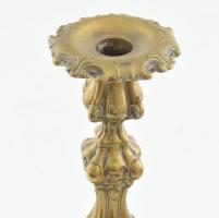 Szecessziós ezüstözött rézlemez gyertyatartó. Jelzett, lekopott ezüstözéssel, m: 33,5 cm