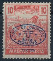 Debrecen I. 1919 Magyar Posta 10f szegélyléc nyom a felülnyomás alatt / Mi 67 with paint stripe. Signed: Bodor (ráncok / creases)