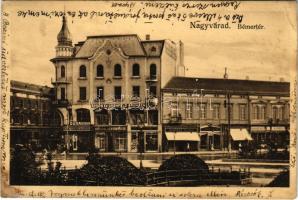 1914 Nagyvárad, Oradea; Bémer tér, Erdős és Grünfeld áruháza, Duna Biztosító, Koch Testvérek, Kertész Dezső, Jelinek Ferenc, Sonnenfeld Adolf üzlete. Benkő Arthur kiadása / square, shops, insurance company (fl)