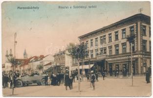 Marosvásárhely, Targu Mures; Széchenyi tér, Hotel Transilvania szálloda és kávéház, Ascher I., Csiky Miklós üzlete, automobil. Porjes S. Sándor kiadása / square, hotel and café, shops, automobile (EM)