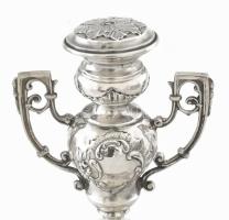 Ezüst (Ag) barokkos díszítésű kétfüles talpas kínáló, tál nélkül, m: 22 cm, nettó: 293 g