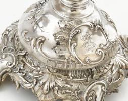 Ezüst (Ag) barokkos díszítésű kétfüles talpas kínáló, tál nélkül, m: 22 cm, nettó: 293 g