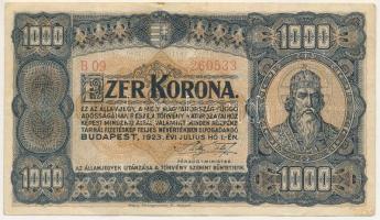 1923. 1000K Magyar Pénzjegynyomda Rt. Budapest nyomdahely jelöléssel T:F folt Adamo K37
