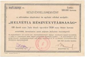 Budapest 1924. &quot;Helvétia Részvénytársaság&quot; részvényelismervénye 100db, egyenként 5000K értékű részvényről T:AU