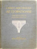 Csányi [Károly] - Birchbauer [Károly]: Az új országház. Bp., 1902, Pátria ny. 37,[3]p., 3 lev. (alaprajzok), [2]p., 60t. (2 kihajtható). Szövegközti képekkel. Kiadói, aranyozott vászonkötésben. 31 cm. Folio.  A kötetbe helyezve: 4 db 13×18 cm méretű, az elkészült épület belső berendezéséről, vélhetően a könyv készítése során készült fénykép, melyek azonban végül nem kerültek bele a kötetbe. A képek hátlapján bélyegzéssel: ,,Birchbauer Károly Ujpest, Vasút u. 9."