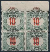 Nagyvárad 1919 Pirosszámú portó 10f ívszéli 4-es tömbben felfelé tolódott felülnyomással / Mi P 6 I. margin block of 4 with shifted overprint. Signed: Bodor