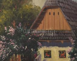 Vadkerty jelzéssel: Virágos porta. Olaj, karton. Dekoratív fakeretben, 25×35 cm