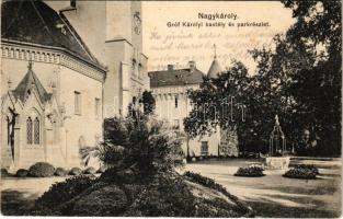 1912 Nagykároly, Carei; Gróf Károlyi kastély és park. Csókás László kiadása / castle and park + &quot;KIRÁLYHÁZA - BUDAPEST 19. SZ.&quot; vasúti mozgóposta bélyegző (fl)