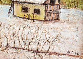 Póka György (1944-): Tanya. Vegyes technika, farost, jelzett, fakeretben. 27×56 cm