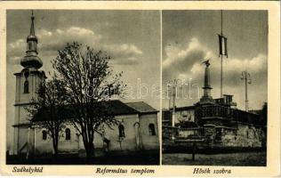 1943 Székelyhíd, Sacueni; Református templom, Országzászló, Hősök szobra, emlékmű / Calvinist church, Hungarian flag, military heroes' monument (EK)