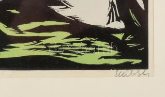 Olvashatatlan jelzéssel: Táj fákkal. Színes fametszet, papír, üvegezett fakeretben. 15,5x40 cm