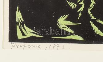 Olvashatatlan jelzéssel: Táj fákkal. Színes fametszet, papír, üvegezett fakeretben. 15,5x40 cm