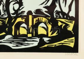 Olvashatatlan jelzéssel: Vízparti táj. Színes fametszet, papír, üvegezett fakeretben. 19x45,5 cm