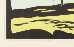 Olvashatatlan jelzéssel: Vízparti táj. Színes fametszet, papír, üvegezett fakeretben. 19x45,5 cm