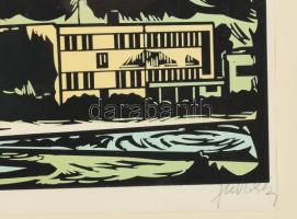 Olvashatatlan jelzéssel: Városszéle. Színes fametszet, papír, üvegezett fakeretben. 18x50 cm