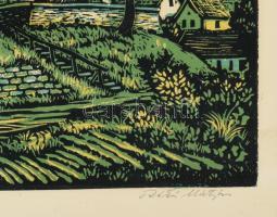 Réti Mátyás (1922-2002): Öregfalu. Színes linómetszet, papír, jelzett, számozott (100/44), üvegezett...