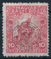 Kolozsvár 1919 Hadisegély 10f eltolódott felülnyomásal a BANI szó nélkül, Szalay szerint 44 db létezik / Mi 23 I. with shifted overprint. Signed: Bodor R! (rövid fogak / short perfs.)