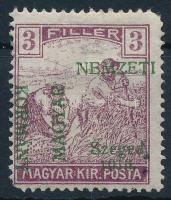 Szeged 1919 Arató 3f eltolódott fogazással, a KORMÁNY szó balra került / Mi 7 with shifted overprint. Signed: Bodor (rövid sarokfogak / short corner perfs.)