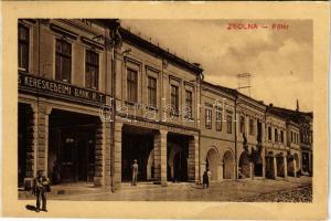 1911 Zsolna, Sillein, Zilina; Fő tér, Kereskedelmi Bank rt., Hingel Dániel gyógyszertára / main square, bank, pharmacy (vágott / cut)