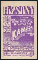 Pozsony. A város idegenforgalmi bizottságának kalauza. Pozsony,én. (cca 1900-1910),Reklamfuchs,(Hungária-ny.), 8 sztl. lev. + 1 (Pozsony sz. kir. város térképe, 1:10.000, Pozsony, Steiner Zsigmond, (Berlin, Pharusverlag-ny.), hajtott, kissé foltos, 37x50 cm) t. Fekete-fehér illusztációkkal, két térképvázlattal illusztrált. Korabeli reklámokkal. Kiadói papírkötés, foltos borítóval.