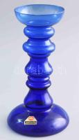 Ingridglas kéküveg gyertyatartó, cca 1970, címkével jelzett, hibátlan, m: 20 cm
